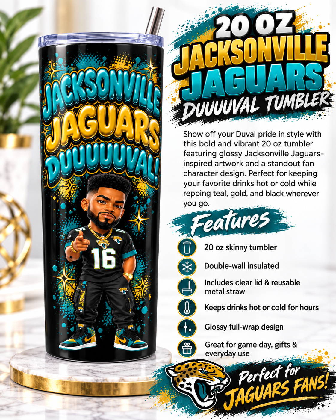 CUSTOM INSPIRED JACKSONVILLE JAGUARS DESIGN 20OZ TUMBLER